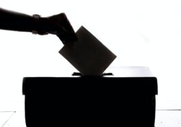 person dropping paper on box vote ballot