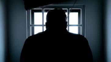 rear view of a silhouette man in window prison