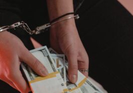 person in handcuffs holding bundles of cash