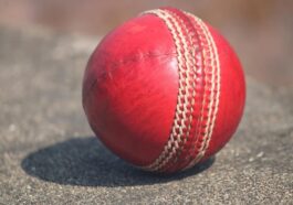 close up of a red cricket ball on a surface