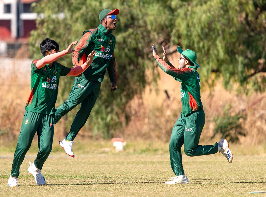 Bangladesh U19 celebrate wicket on their way to beating South Africa in Harare PIC Zimbabwe Cricket
